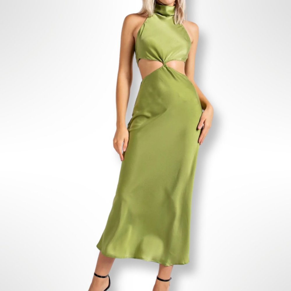 NEW! Satin Halter Mock Neck Cutout Midi Dress with Back Tie (S, M & L Sizes)